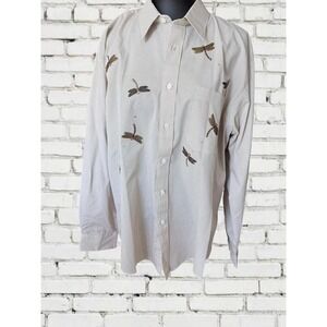 Lysa Jayne Collection Button Down Women XL Tan White Stripe Dragonfly Embroider